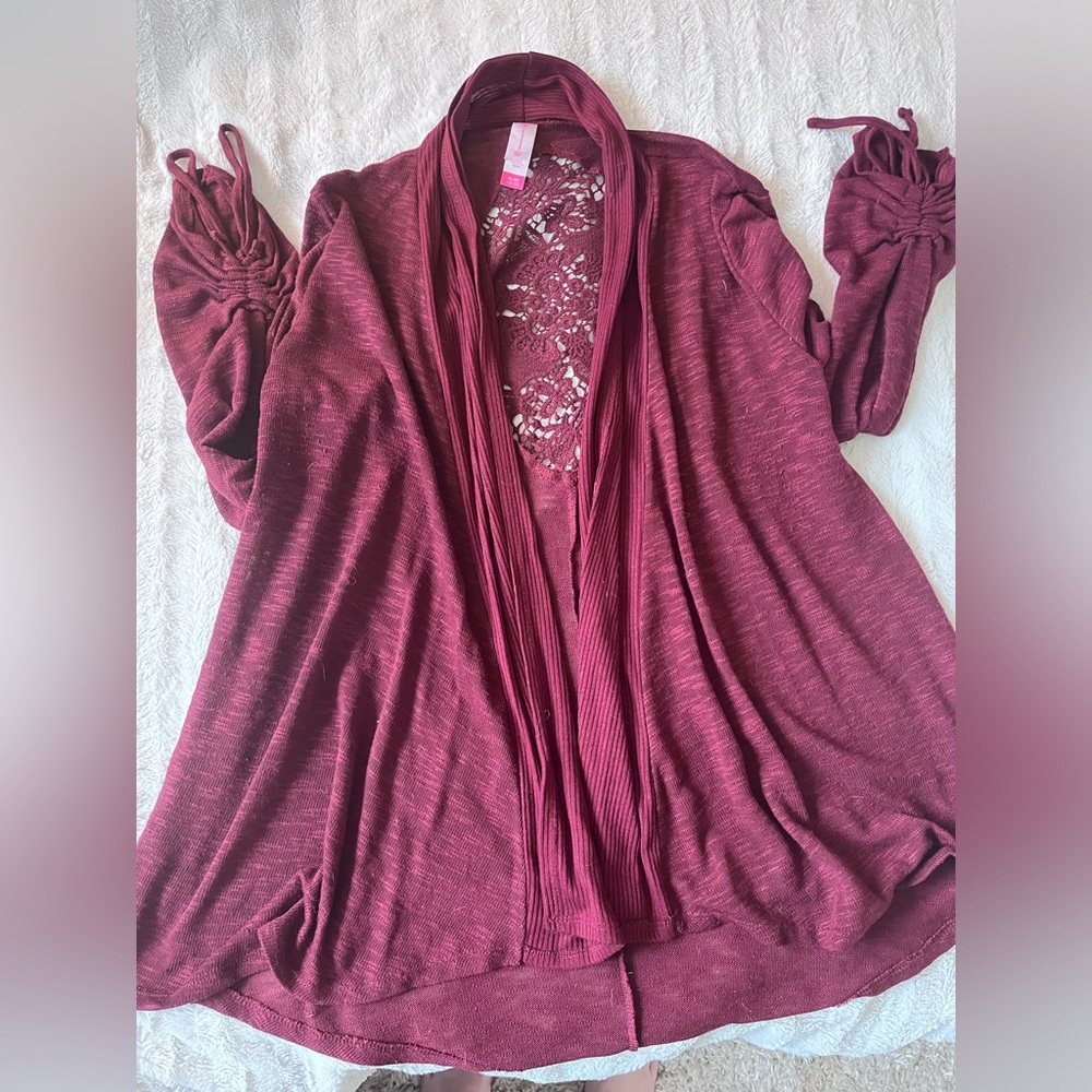 Burgundy “No Boundaries” sweater size 15/17 with lace design on back